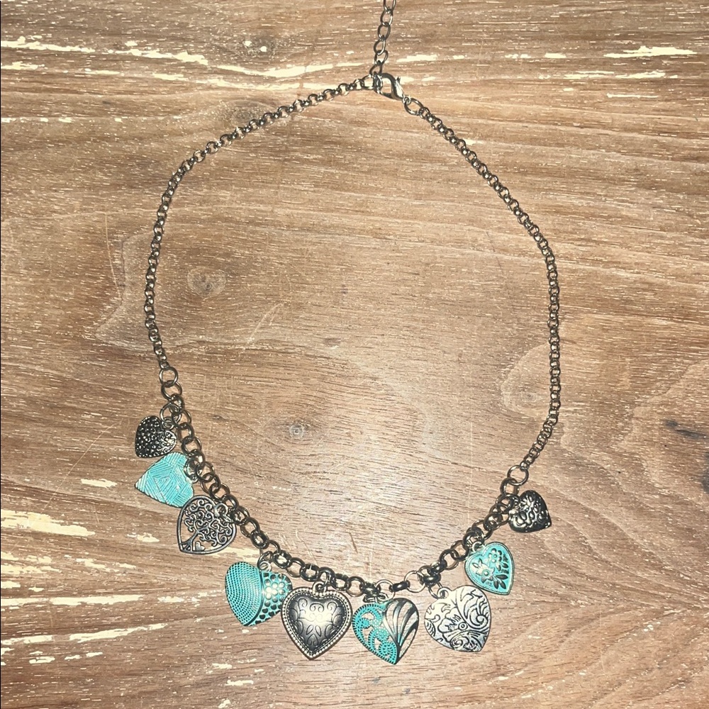 Heart Charm Necklace with Turquoise and Bronze Accents